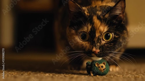 Calico Cat Playing with Toy Mouse