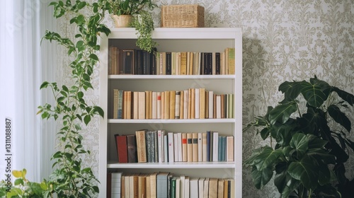 Bookshelf with plants, home library, interior design, cozy reading room, stock photo