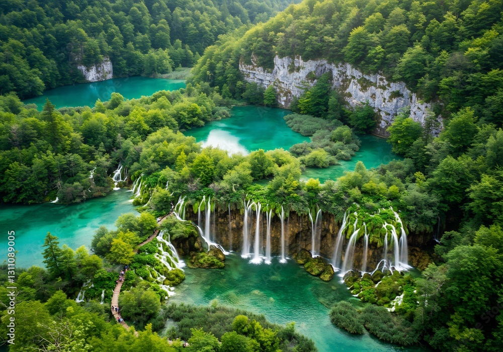 Serene turquoise waterfalls cascade through lush green valley. AI Generated Serene turquoise waterfalls cascade through lush green valley. AI Generated