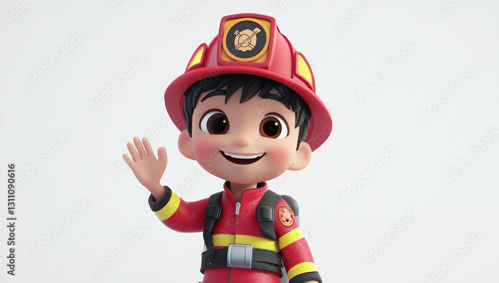 Adorable Cartoon Firefighter Boy Waving 3D Render Cheerful Child in Uniform Adorable Cartoon Firefighter Boy Waving 3D Render Cheerful Child in Uniform