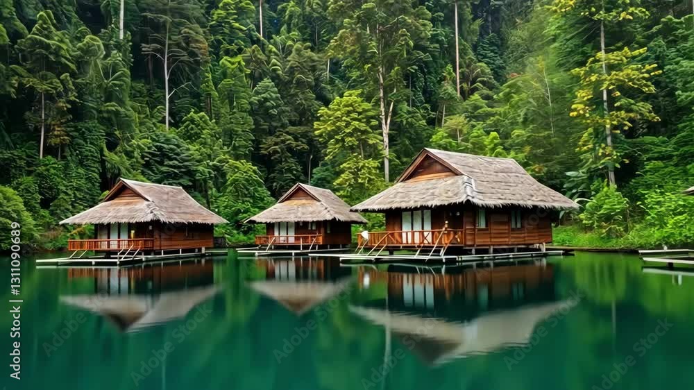 Floating wooden houses on a calm lake surrounded by lush green forest Floating wooden houses on a calm lake surrounded by lush green forest
