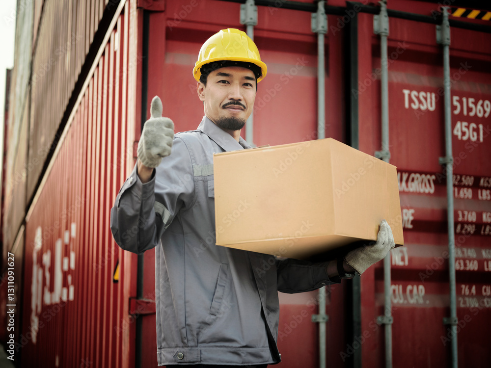 Engineer worker hold cardboard box packaging showing thumbs up