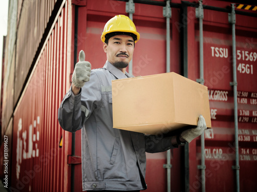 Obraz na płótnie Engineer worker hold cardboard box packaging showing thumbs up w salonie