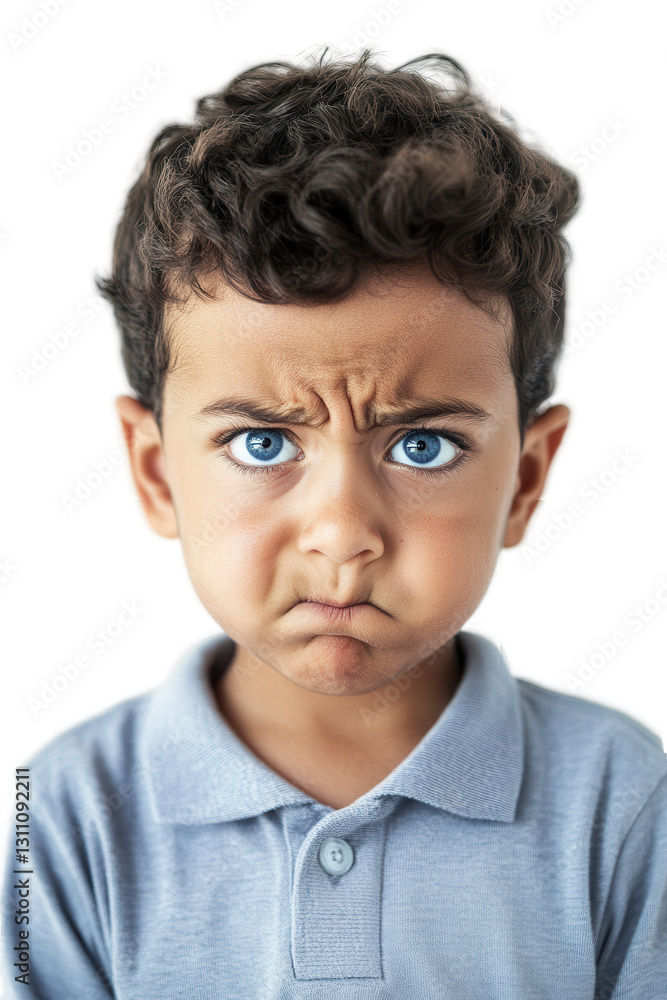 Boy with curly hair showing a frustrated expression on white background isolated. Child emotions, facial expressions, kid's feelings, childhood, sadness. Boy with curly hair showing a frustrated expression on white background isolated. Child emotions, facial expressions, kid's feelings, childhood, sadness.