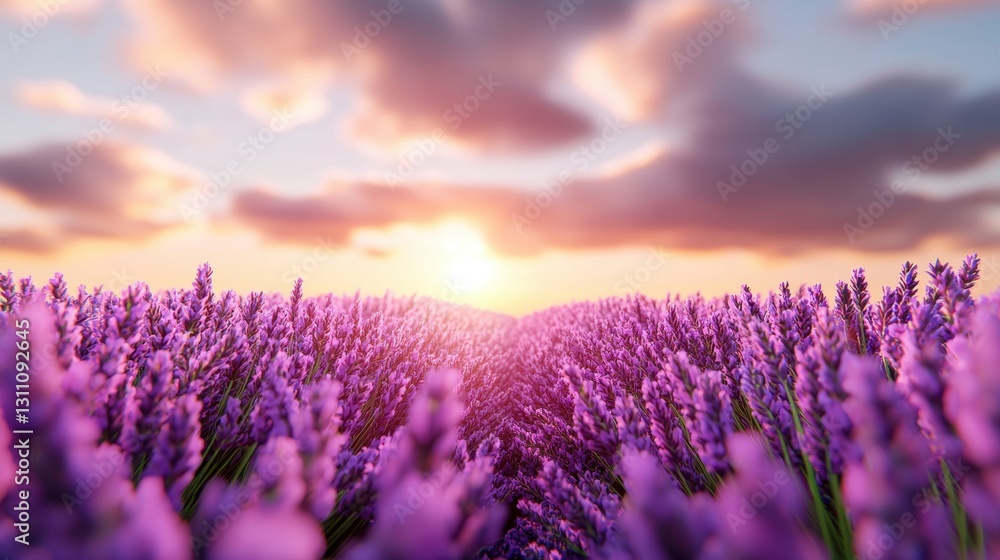 Obraz premium A vast field of lavender in full bloom, stretching as far as the eye can see. The setting sun bathes the scene in a soft, warm light, casting long shadows and painting the sky in shades of lavender,