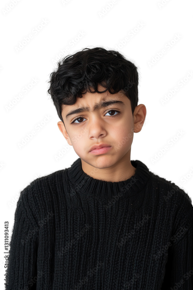 Boy looking concerned wearing black sweater isolated on white background expressing emotions and feelings showing seriousness contemplation youth expression. Boy looking concerned wearing black sweater isolated on white background expressing emotions and feelings showing seriousness contemplation youth expression.