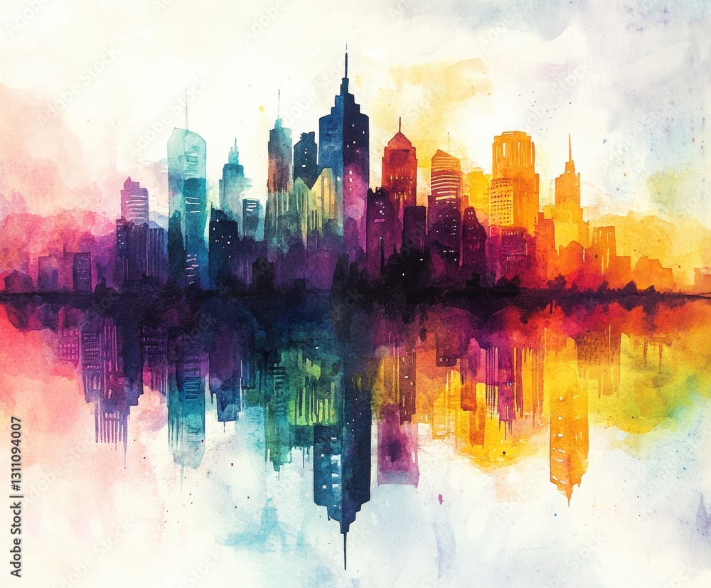 Obraz premium Colorful City Skyline: A vibrant and colorful watercolor painting depicts a modern city skyline reflecting in water, capturing the essence of urban life with a splash of artistic flair.