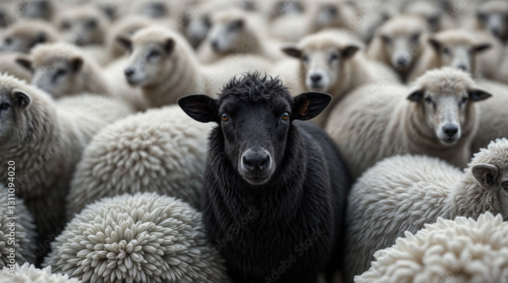Obraz premium A black sheep stands out in a herd of white sheep