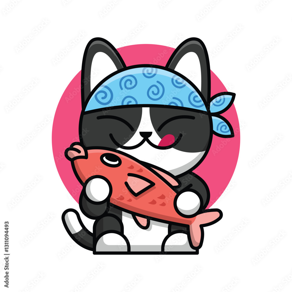 Naklejka premium CUTE BLACK CAT IS WEARING HEADBAND AND HOLDING A FISH CARTOON LOGO