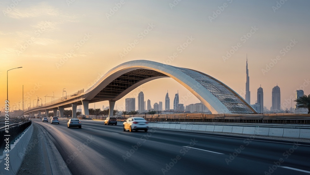 Obraz premium Dubai highway at sunrise with elevated bridge