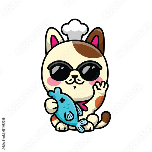 FUNNY MANEKI NEKO WITH A CHEF HAT IS HOLDING A BLUE FISH CARTOON ILLUSTRATION