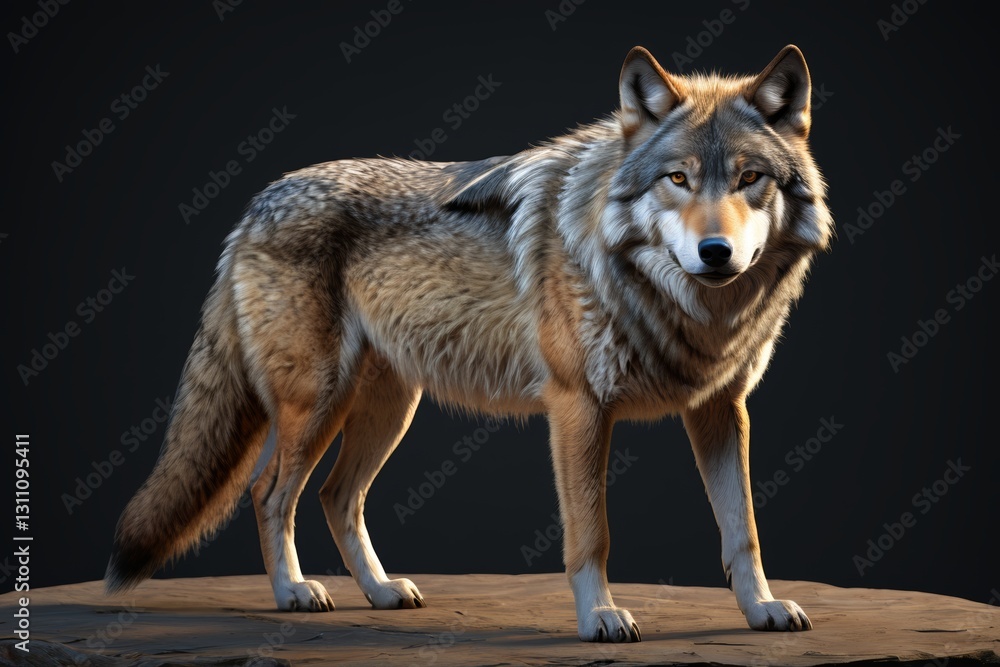 Fototapeta premium there is a wolf standing on a rock with a black background