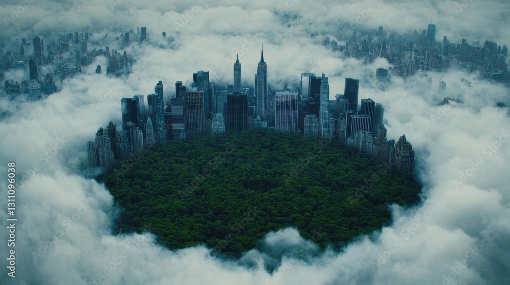 Fototapeta premium Urban Skyline Surrounded by Lush Green Forest and Misty Clouds