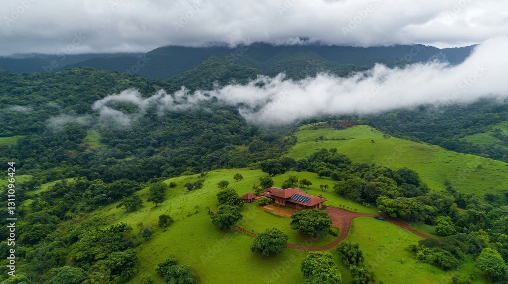 Obraz premium Lush Green Landscape with Dramatic Clouds and Scenic Mountains