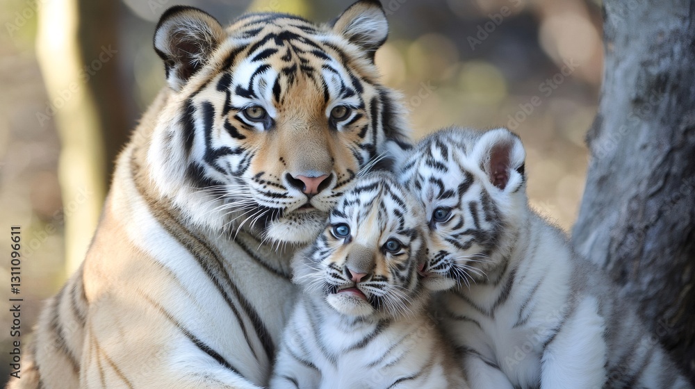 Tiger family portrait, mother tiger embracing two adorable white cubs Tiger family portrait, mother tiger embracing two adorable white cubs