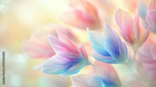 Soft pastel-colored flowers in a dreamy, sunlit setting.