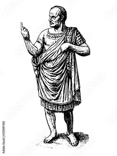 Engraved illustration of a historical figure showcasing a gesture of rhetoric in a classic toga style, ideal for tattoo and packaging design