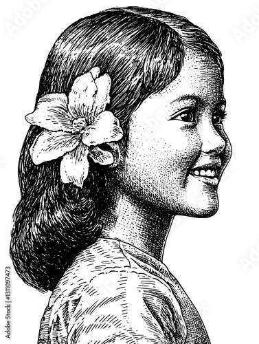 Intricate engraved illustration of a joyful girl with a flower in her hair captured in a moment of innocence and beauty