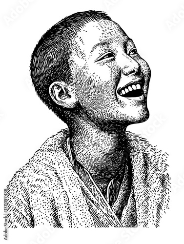 Joyful laughter captured in an engraved illustration reflecting the essence of youth and innocence