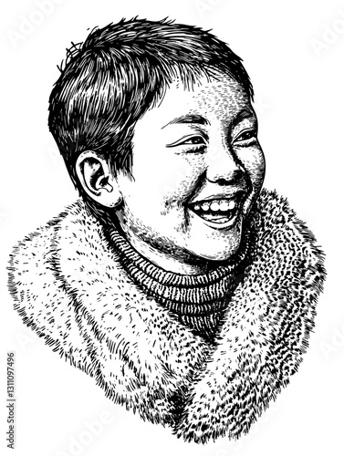 Joyful laughter captured in an intricate engraved illustration of a young child wearing a cozy shawl