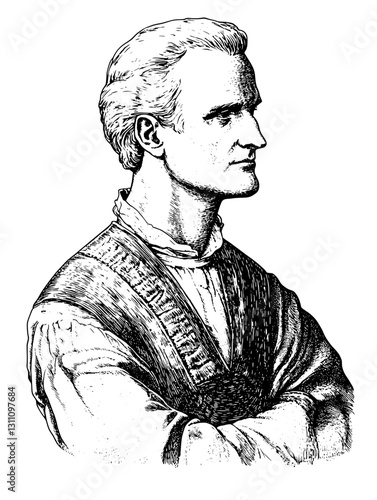 Engraved portrait of a dignified man with a confident expression, showcasing intricate line work in a classical style