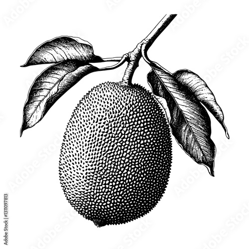 Engraved illustration of a jackfruit hanging delicately from its branch, showcasing intricate details in a vintage style