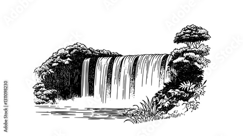 Engraved illustration of a tranquil waterfall surrounded by lush greenery and serene nature, ideal for tattoo enthusiasts and packaging design lovers