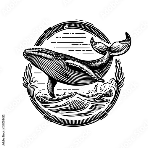 Majestic whale breaching above waves, captured in intricate engraved artwork for tattoo and design lovers
