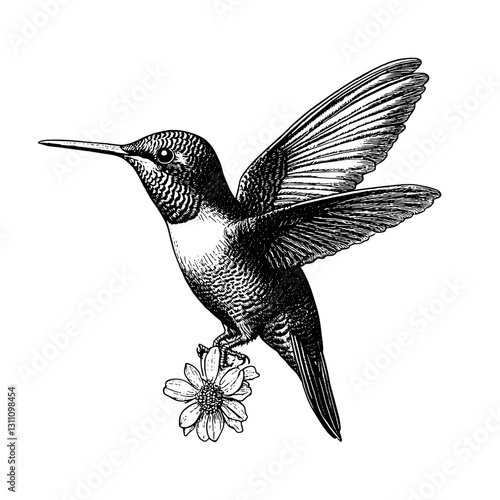 Engraved illustration of a hummingbird hovering near a flower, perfect for tattoo and packaging design inspiration