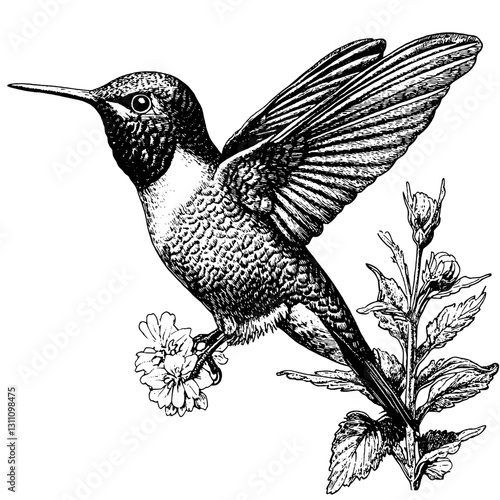 Delicate hummingbird gracefully hovering near vibrant blossoms, a captivating representation for tattoo and packaging design enthusiasts