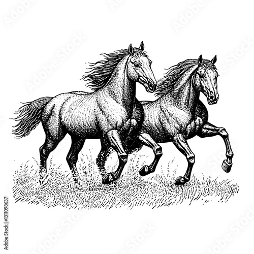 Dynamic portrayal of two galloping horses in an intricate engraved style for tattoo and packaging design