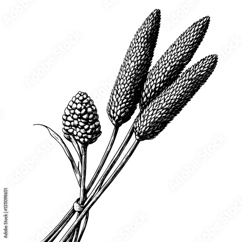 Engraved illustration of a beautiful botanical design featuring flower spikes with intricate details for tattoo and packaging art