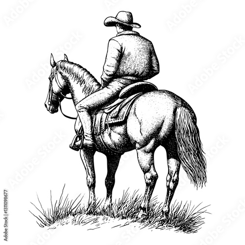 Engraved illustration of a cowboy on horseback gazing over a serene landscape at dusk with intricate details