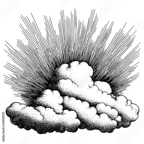 Ethereal cloud formation with radiant beams, intricately engraved for tattoo and packaging design inspiration