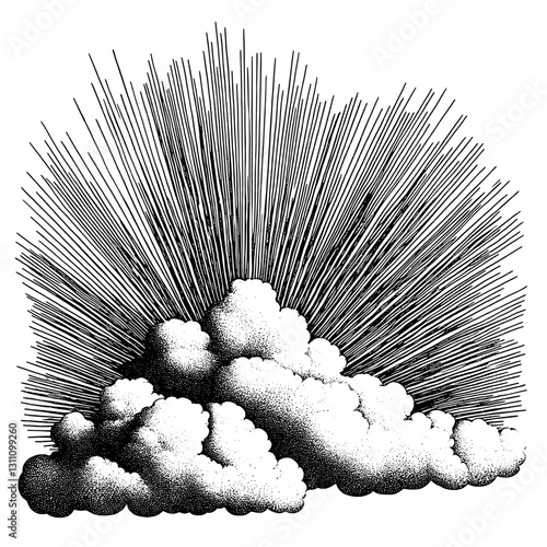 Engraved illustration of clouds bursting with rays, ideal for tattoo and packaging design inspiration