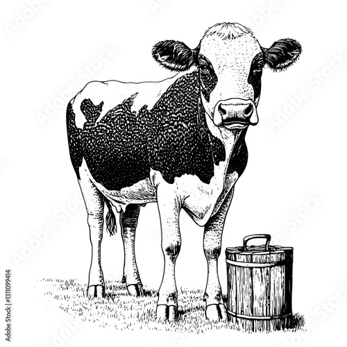 Engraved illustration of a cow standing beside a wooden milk bucket in a pastoral setting under a clear blue sky