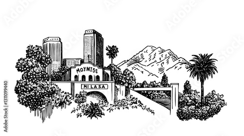 Engraved cityscape capturing the essence of urban life blended with nature in a tattoo-inspired design