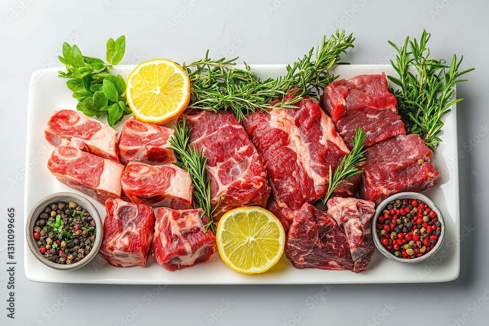 Fresh Cuts of Meat with Herbs and Spices on White Platter Ready for Culinary Preparation Fresh Cuts of Meat with Herbs and Spices on White Platter Ready for Culinary Preparation
