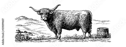 Engraved illustration of a shaggy cow in a serene landscape surrounded by nature