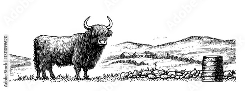 Engraved illustration of a highland cow in a serene landscape with mountains and rustic farm elements