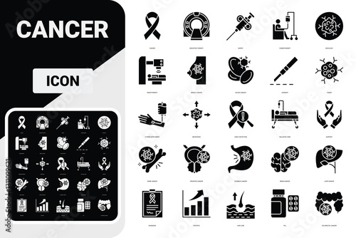 Cancer icon set. Containing tumor, oncology, chemotherapy, biopsy, radiotherapy, ribbon, breast cancer and more. Vector solid icons collection