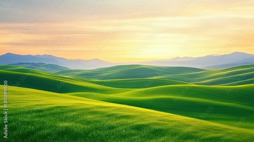 Obraz premium Rolling Green Landscape Beneath A Sunrise Sky