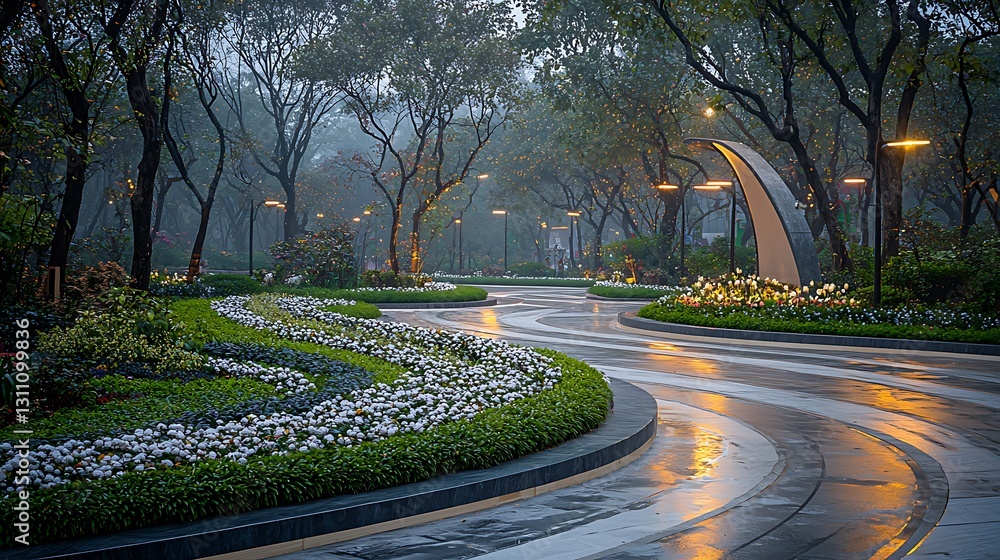 Obraz premium Serene Park Pathway Lush Greenery Evening Lighting Landscape Design