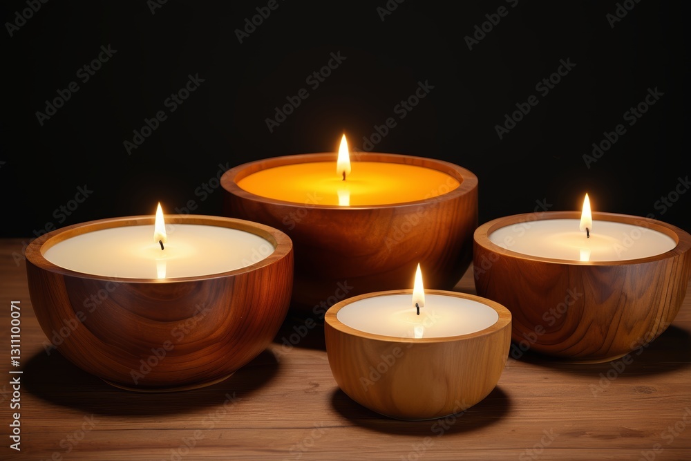 three candles are lit in wooden bowls on a table three candles are lit in wooden bowls on a table