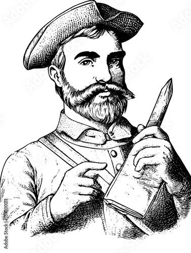 Engraved illustration of a confident artisan holding a chisel, showcasing craftsmanship in a vintage style reminiscent of historical tattoo art