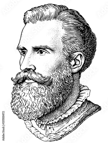 Engraved illustration of a distinguished gentleman with a prominent beard, showcasing historical artistry and tattoo inspiration