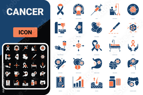 Cancer icon set. Containing tumor, oncology, chemotherapy, biopsy, radiotherapy, ribbon, breast cancer and more. Vector solid icons collection