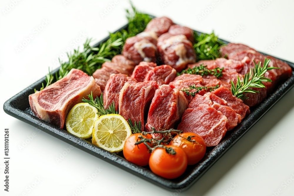 Fresh Assortment of Raw Meat Cuts with Herbs and Vegetables on a Black Serving Tray Fresh Assortment of Raw Meat Cuts with Herbs and Vegetables on a Black Serving Tray