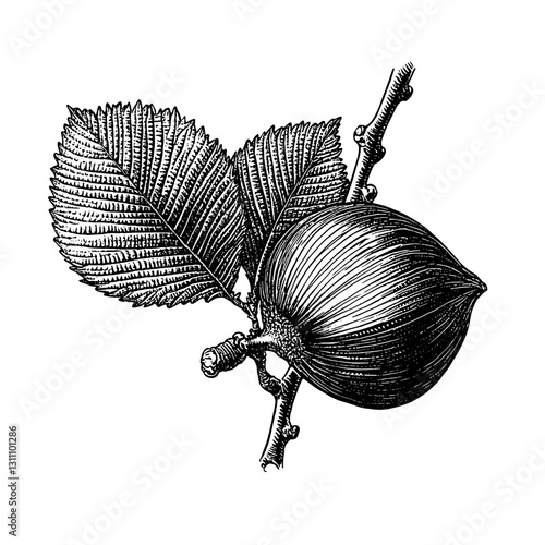 Elegant engraved illustration of a hazelnut branch with leaves, showcasing intricate details of nature’s beauty for tattoo or packaging inspiration