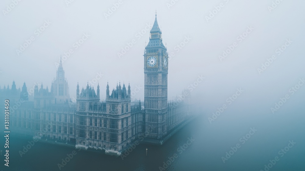Obraz premium Misty Morning at the Iconic Big Ben and Houses of Parliament